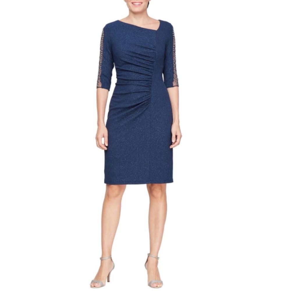 Sl Fashions Women's Metallic Ruched Sheath Dress - Navy SZ:12